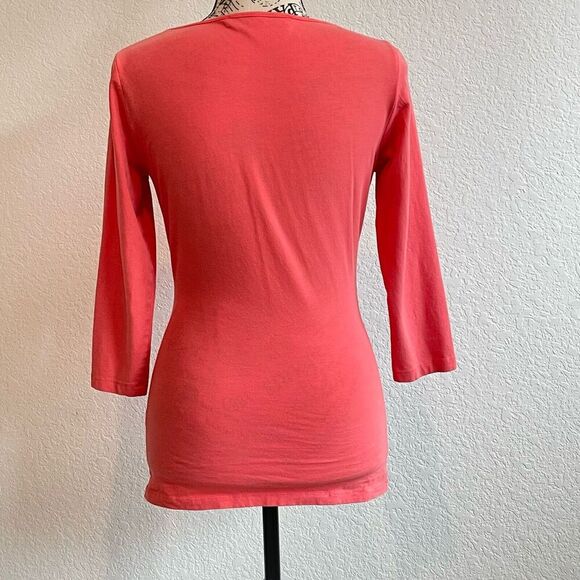 Boston Proper Top XS Coral 3/4 sleeve ruched Front Tie Style Contemporary Chic - Picture 2 of 10